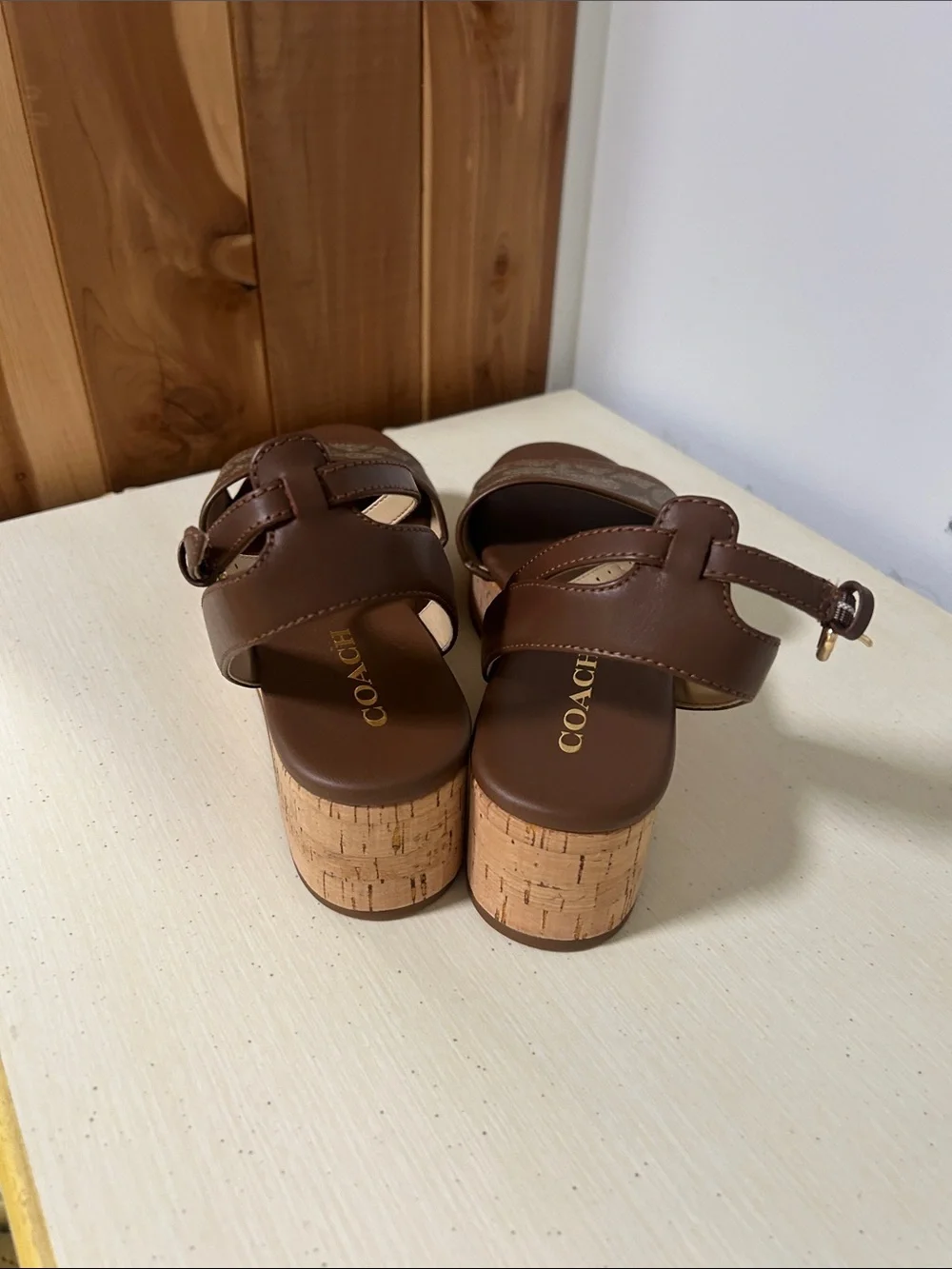 Coach Brown Signature Canvas Cork Platform Sandals with Ankle Strap NWOT